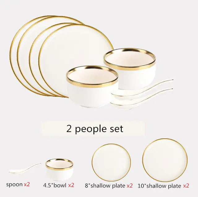 High-quality Matte Gilt Rim White Porcelain Dinner Tray Kitchen Plates Ceramic Tableware Food Dishes Rice Salad Noodles Bowl