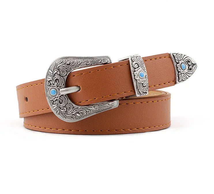 Women's belt with metal carving