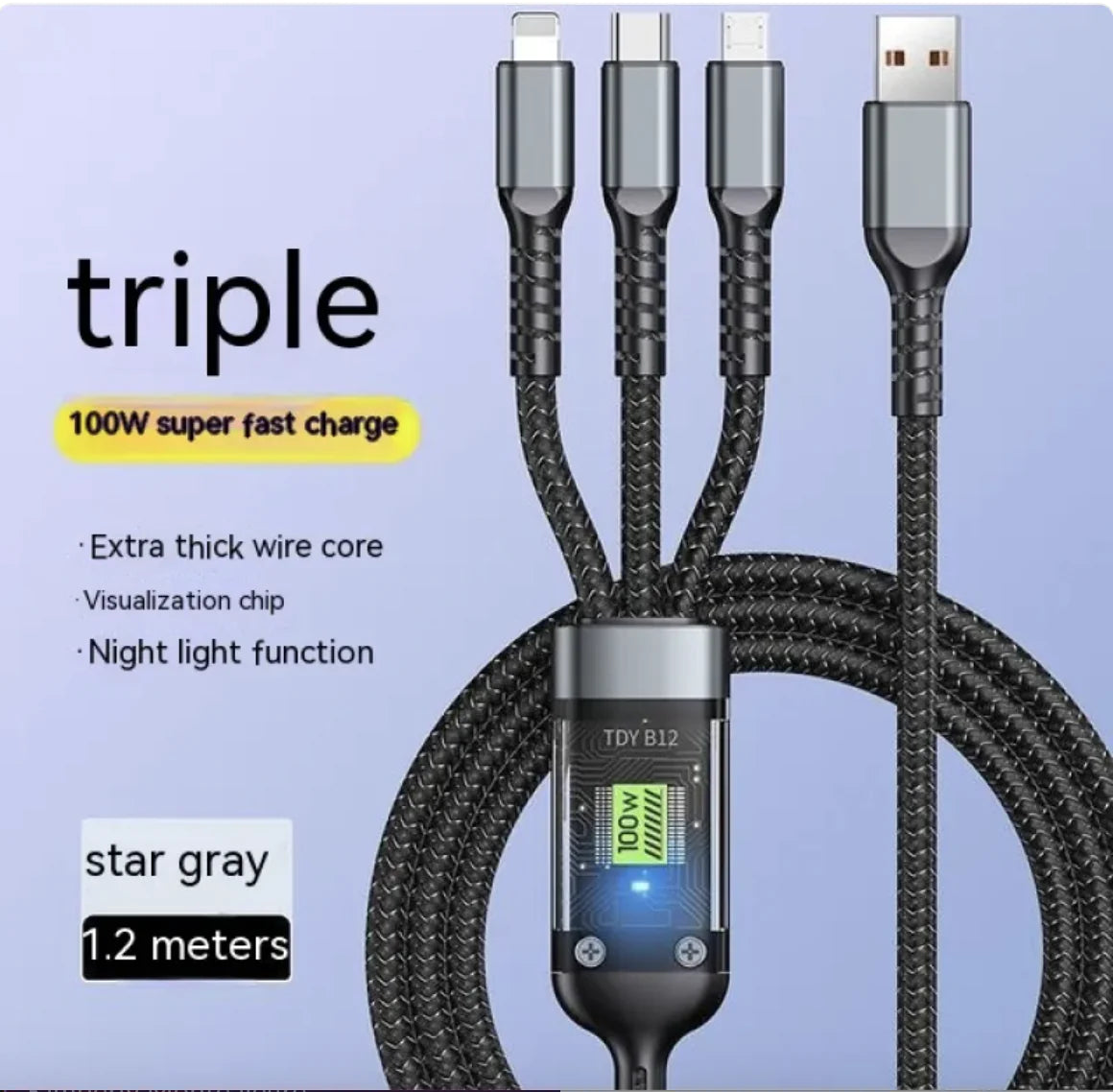 3-in-1 Mobile Phone Data Cable with Light & Super-Fast 6A Charging