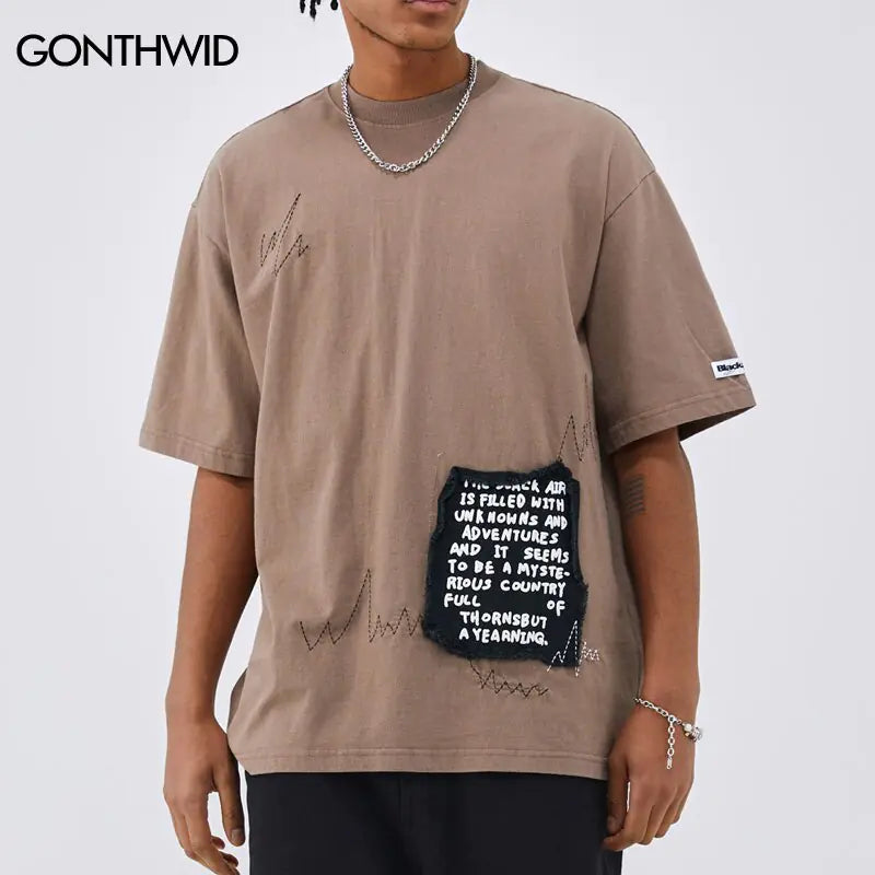 Vintage Punk T-shirt Streetwear Y2K Hip Hop Embroidery Patch Oversize Washed T-Shirt