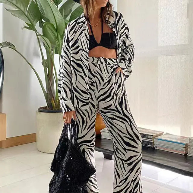 Loose Stripe Pants Set Elegant Long Sleeve Top