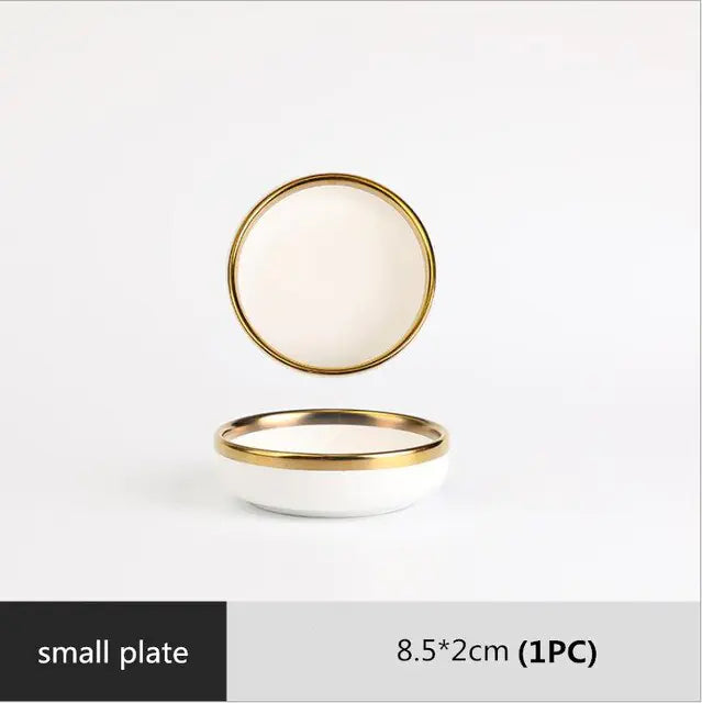 High-quality Matte Gilt Rim White Porcelain Dinner Tray Kitchen Plates Ceramic Tableware Food Dishes Rice Salad Noodles Bowl