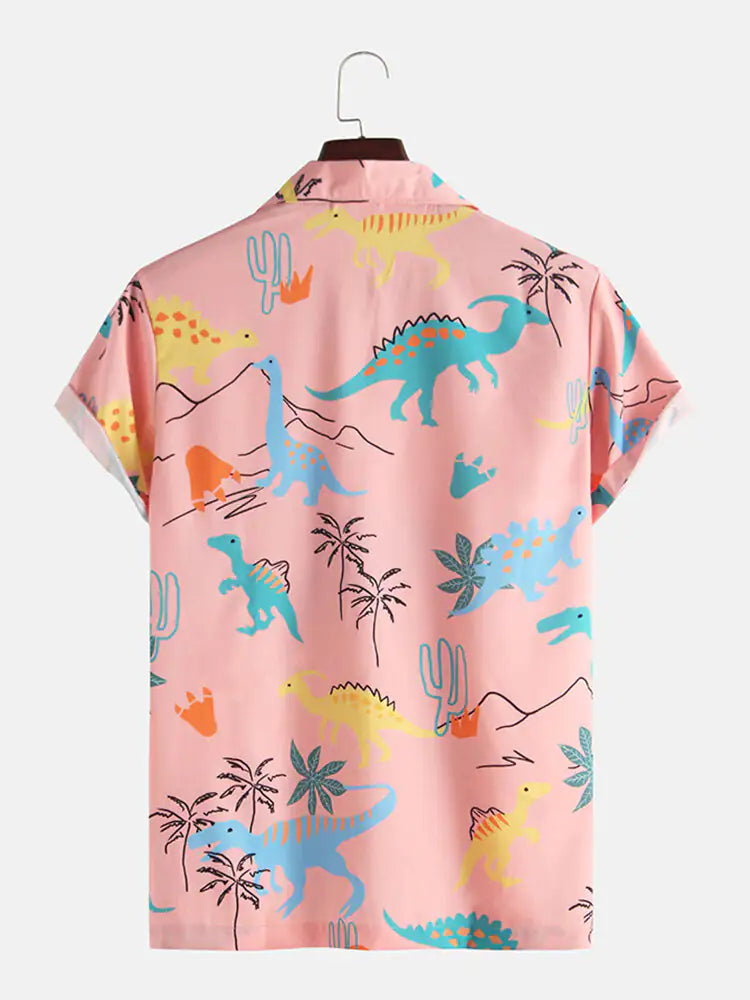 Cartoon Dinosaur Animal Printed Short Sleeve Casual Shirts