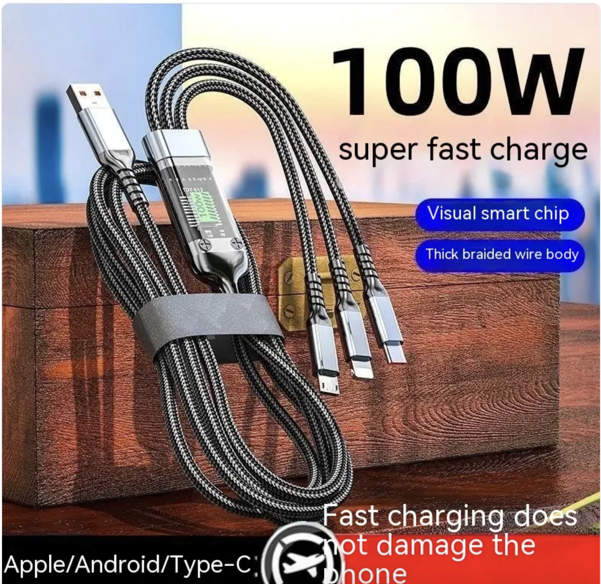 3-in-1 Mobile Phone Data Cable with Light & Super-Fast 6A Charging