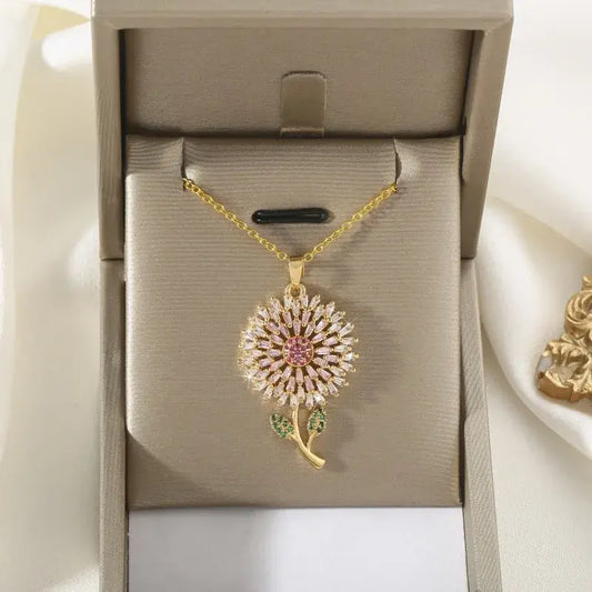 Never Fade Pink Sunflower Pendant Necklace